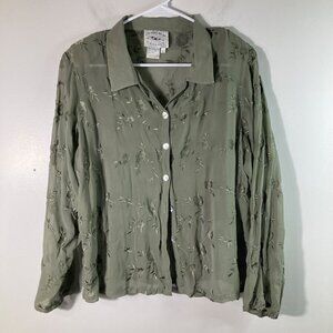 Womens Vintage Country Wear Casuals Silk Shirt Floral Embroidered L Green